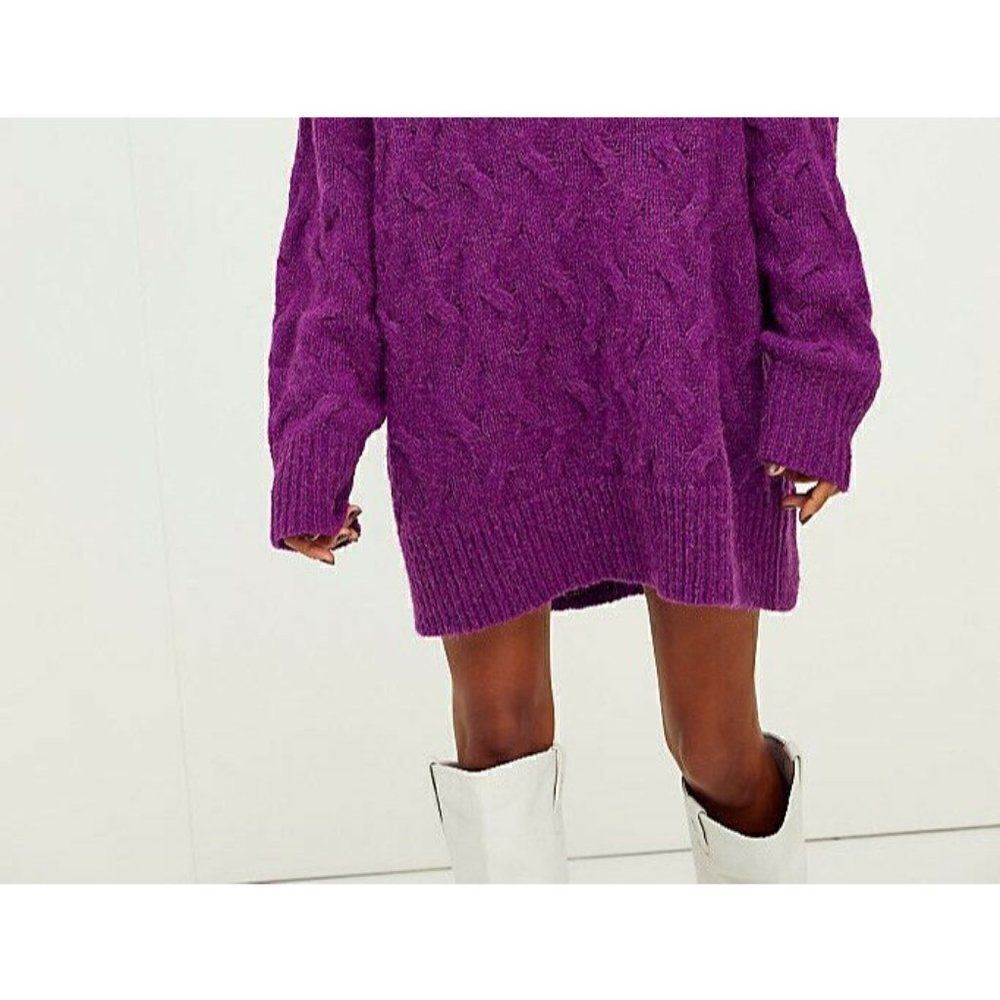 NEW FREE PEOPLE Sz XS JUNE CABLE V NECK SWEATER LONGLINE SLOUCHY KNIT TUNIC - Picture 3 of 6